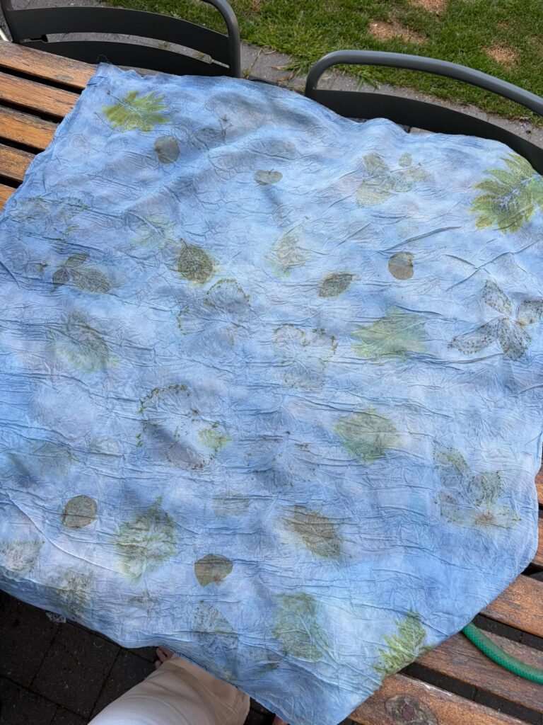 Ponge silk scarf dyed with Indigo and botanical leaf prints