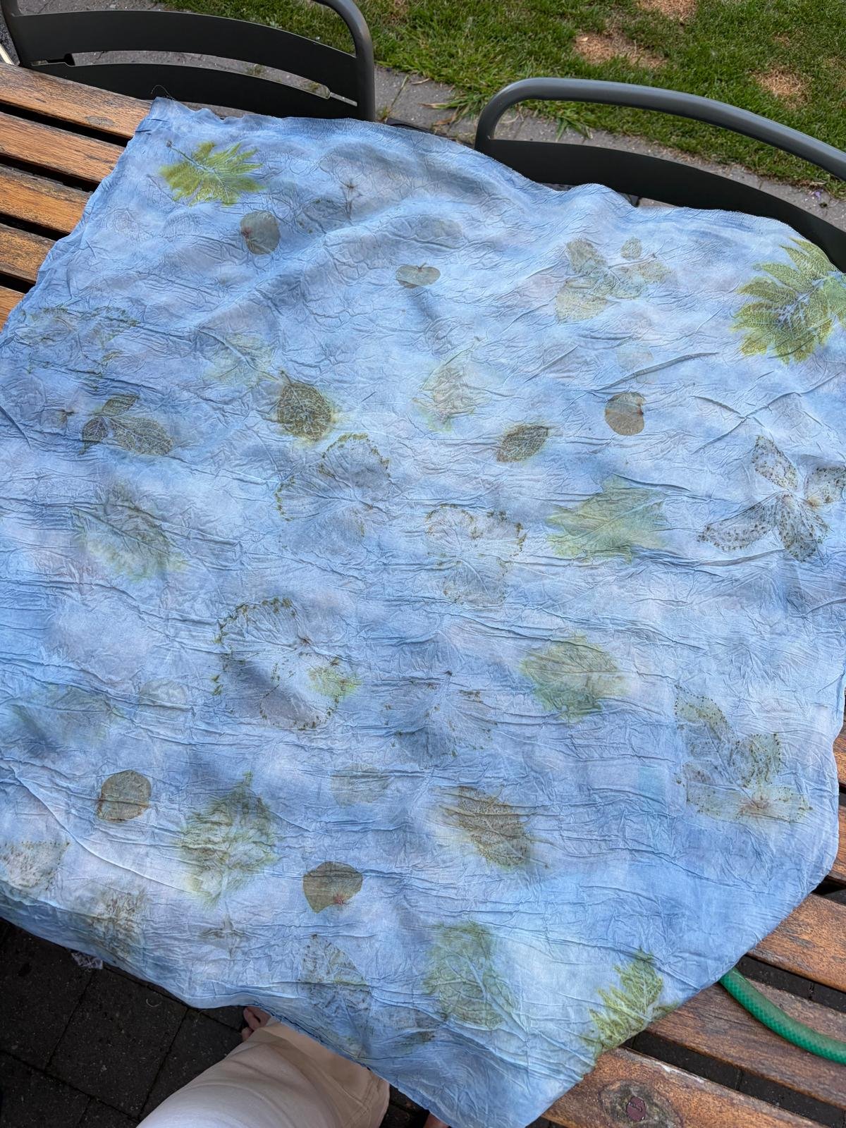 Ponge silk scarf dyed with Indigo and botanical leaf prints