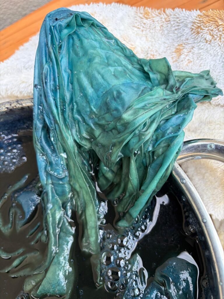 Fabric emerging green from the indigo vat before oxidation